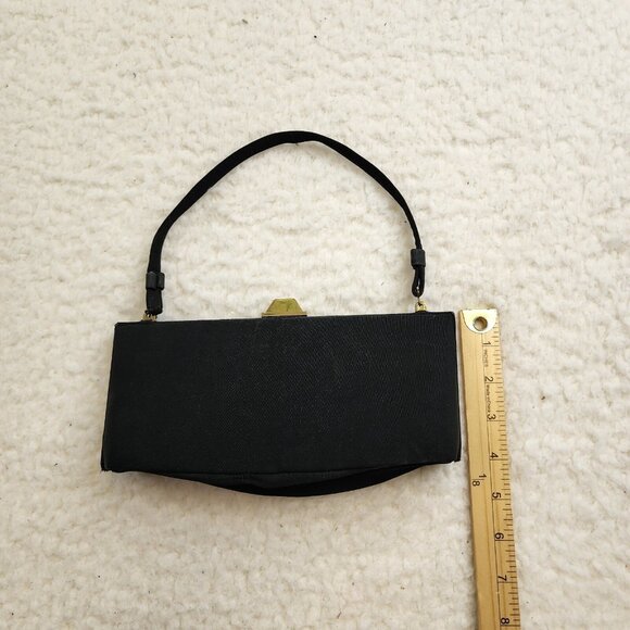Vintage Black Satin Handbag Clutch Gold Shell Clasp Silk lined Coin Purse - Picture 4 of 10